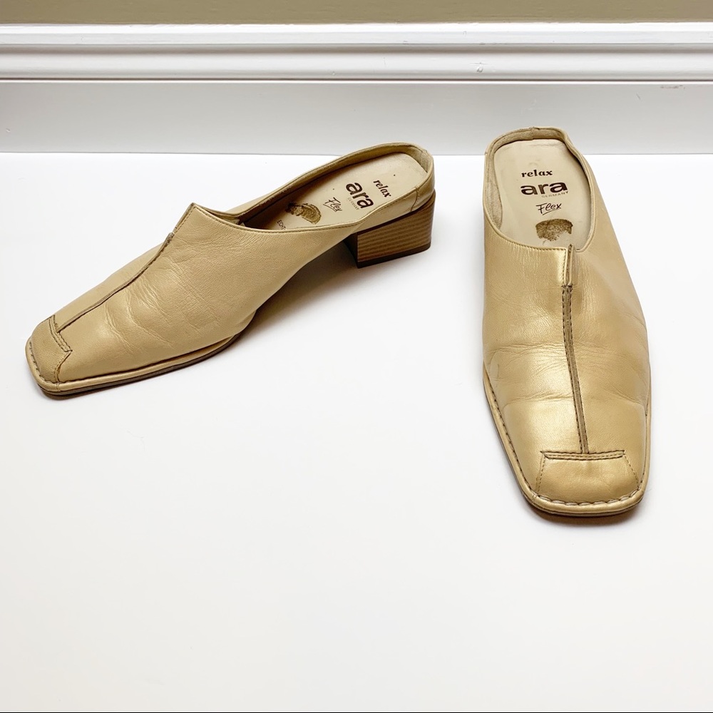 Ara shimmery gold heeled leather mules/ slip-ons